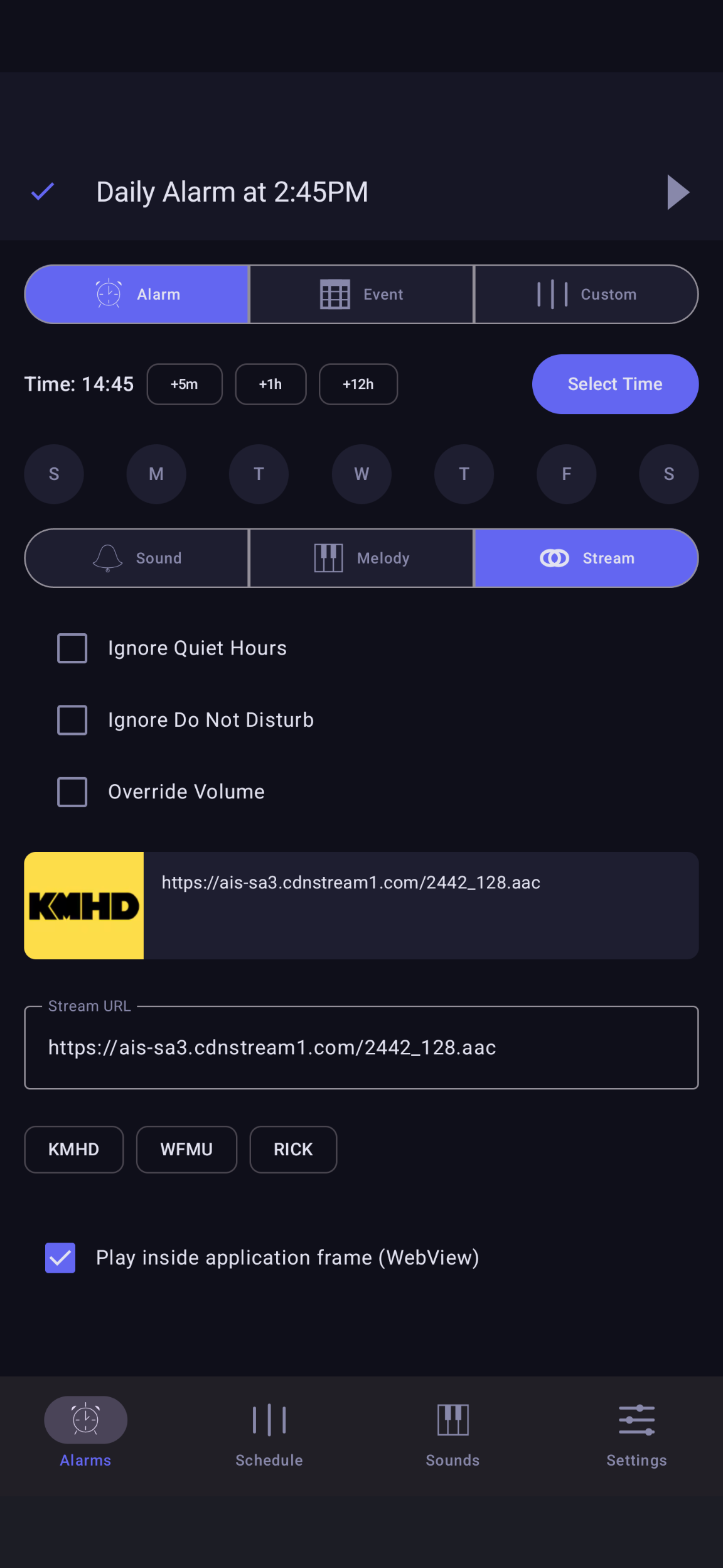 Open URL on alarm option screen mockup